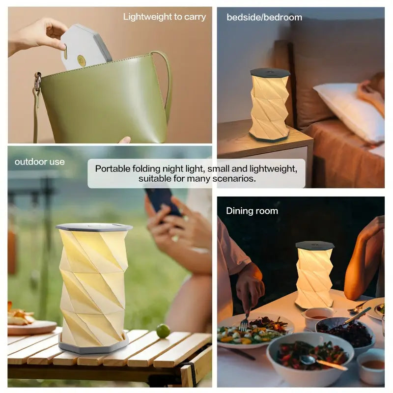 Vintage Wooden Folding Outdoor Table Lamp, Portable Stepless Dimming Night Light, USB Rechargeable Camping Tent Lamp