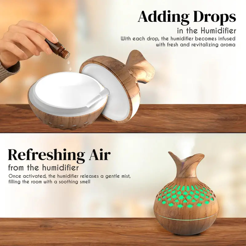 Wood Grain Ultrasonic Humidifier - 10.14oz USB Powered Single Room Humidifier with Dual Mist Modes, Essential Aroma Diffuser, for Multiple Room Types