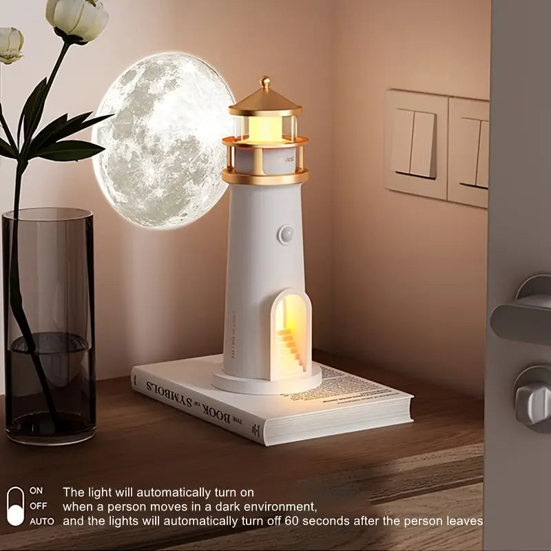 Rechargeable LED Night Lamp with Motion Sensor, Moonlight Projection, and Creative Lighthouse Design for Bedroom, Living Room, Study