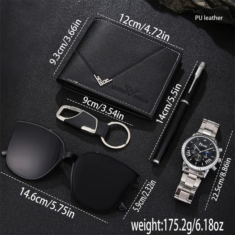 5pcs Men's Fashion Wallet Set - Sleek Black Faux Leather, Business Style with Fashion Glasses & Keychain, Perfect Gift for Him