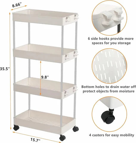 4 Layer Plastic Rolling Utility Cart Slide Out Narrow Kitchen Storage Trolley Rack with Caster Wheels, Storage Shelves Space Saving Home Storage Organizer Racks