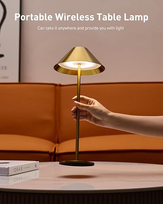 Gold Cordless Table Lamp, Rechargeable Battery Lamps for Home, 3 Color Stepless Dimmable Touch Lamp, Wireless Lamp for Bedroom/Living Room