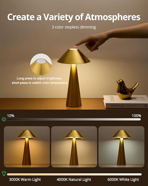 Gold Cordless Lamp, Portable Mini Battery Lamp Rechargeable, Magnetic Rotating Shade&3 Colors Dimmable Table Lamp, Bedside Lamp for Room/Night Light