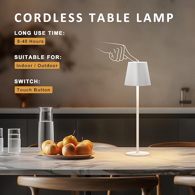 Modern Cordless Table Lamp, LED Metal Lamp, Rechargeable Touch Night Light, Atmosphere Light for Bedroom or Restaurant