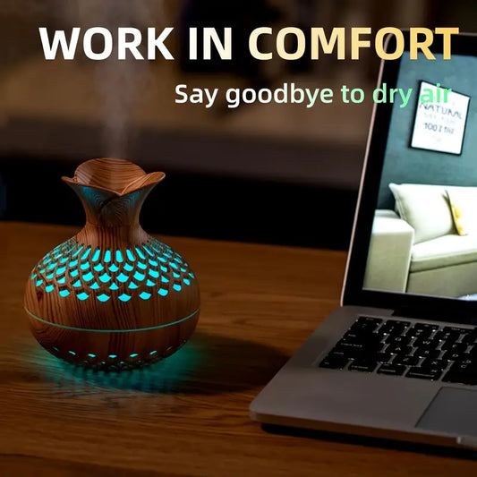 Wood Grain Ultrasonic Humidifier - 10.14oz USB Powered Single Room Humidifier with Dual Mist Modes, Essential Aroma Diffuser, for Multiple Room Types