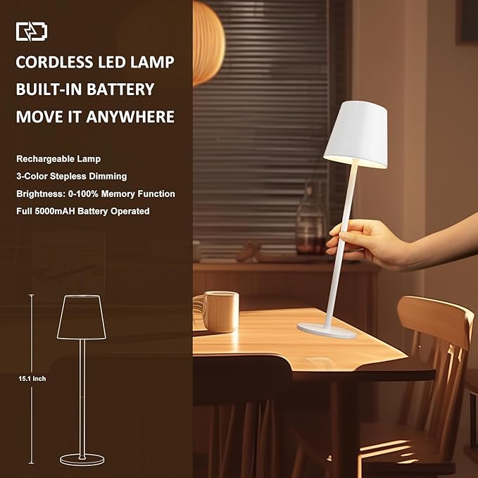 Modern Cordless Table Lamp, LED Metal Lamp, Rechargeable Touch Night Light, Atmosphere Light for Bedroom or Restaurant