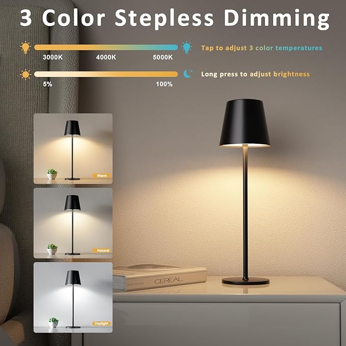 Modern Cordless Table Lamp, LED Metal Lamp, Rechargeable Touch Night Light, Atmosphere Light for Bedroom or Restaurant