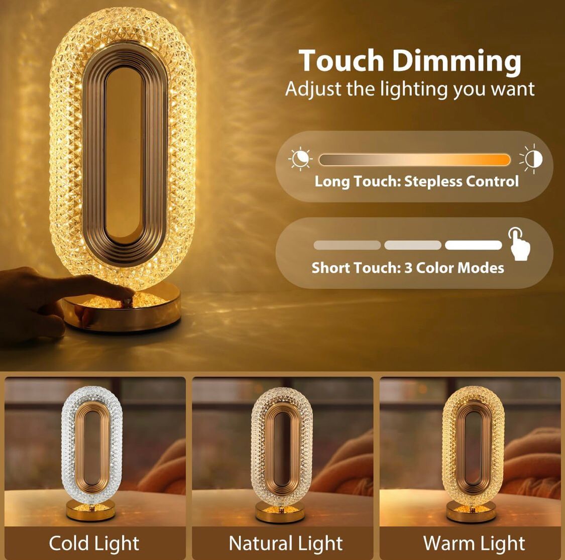 Oval Crystal Stand Night Lamp| LED Touch Night lamp | Decorative Bedside Desk Lamp |Table Night Lamp | 3 Colors Changing Led Crystal