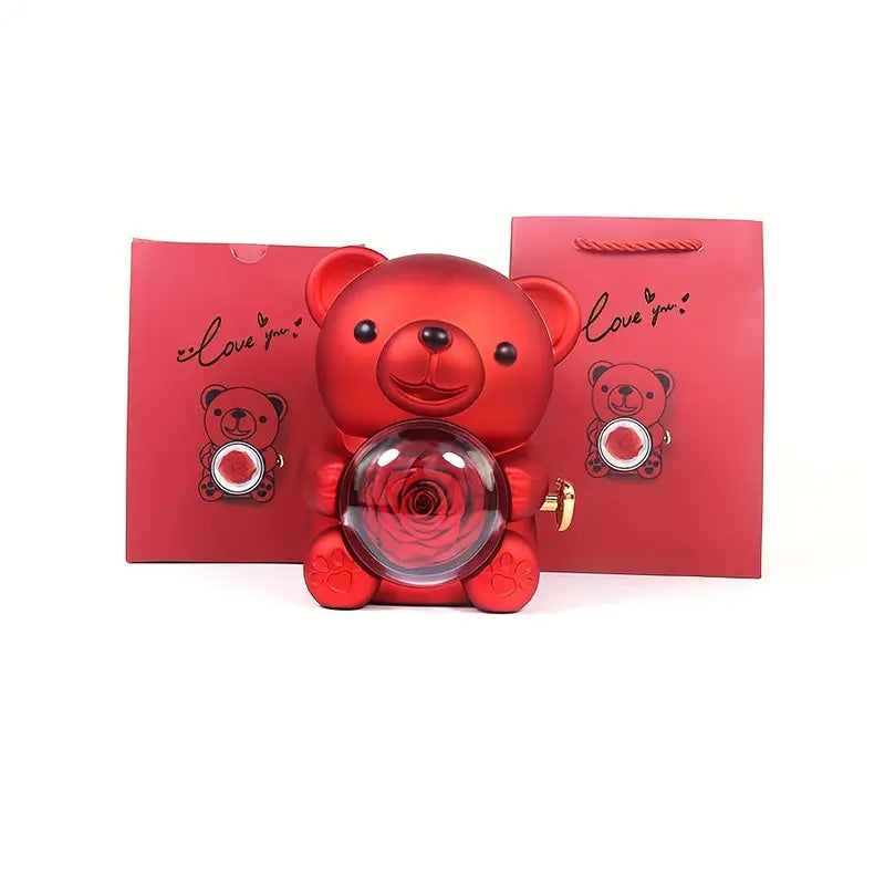 Preserved Red Rose & Cute Red Bear Box, Eternal Flower, Perfect Gift for Mom, Wife, Girlfriend, Grandma, Valentine's Day