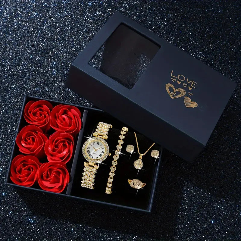 Elegant 7pcs Women's Fashion Quartz Watch & Jewelry Set - Alloy Band, Non-Rechargeable Battery