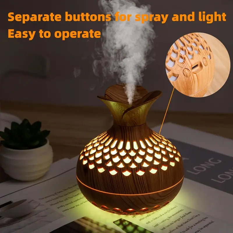 Wood Grain Ultrasonic Humidifier - 10.14oz USB Powered Single Room Humidifier with Dual Mist Modes, Essential Aroma Diffuser, for Multiple Room Types