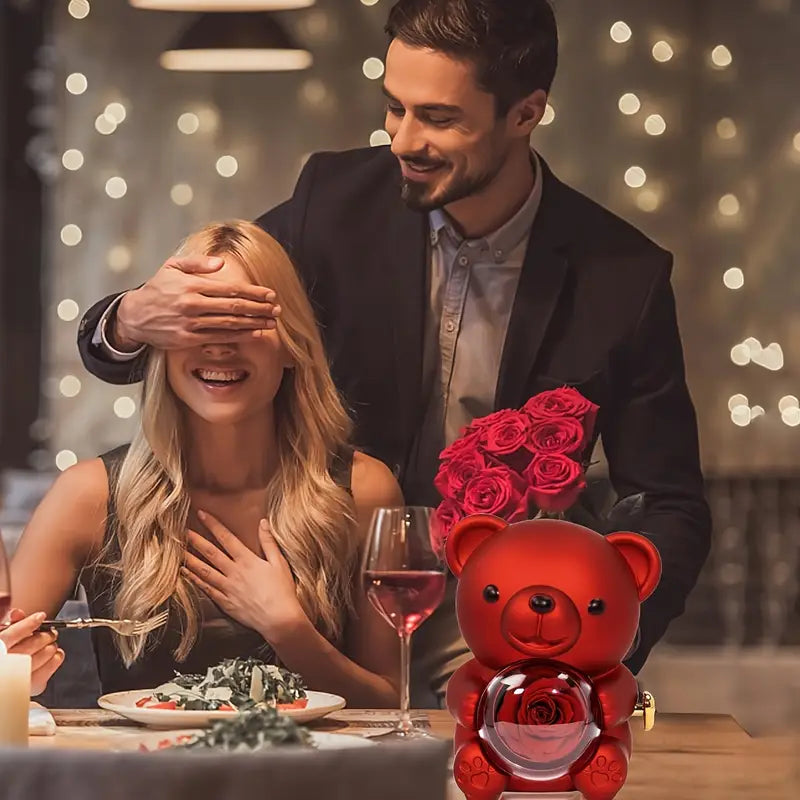 Preserved Red Rose & Cute Red Bear Box, Eternal Flower, Perfect Gift for Mom, Wife, Girlfriend, Grandma, Valentine's Day